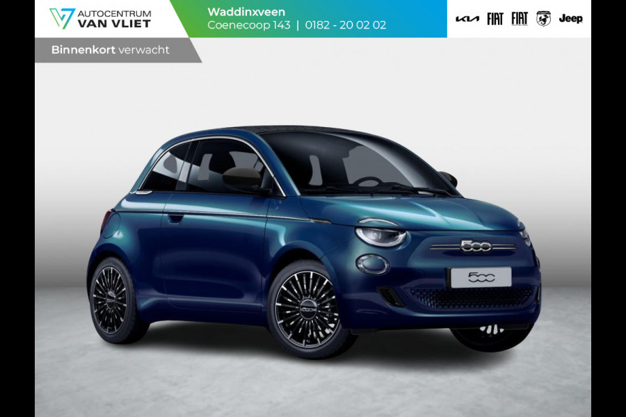 Fiat 500E Cabrio La Prima 42 kWh | Clima | LED | PDC | JBL Premium Audio | 17" | Camera | BSM | Canneloni Ivory/Piombo interieur