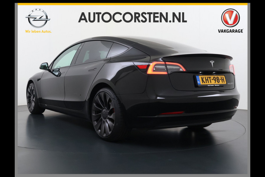 Tesla Model 3 Performance AWD 513PK Facelift Warmtepomp Lmv 20" Panoramadak Adap.Cruise Elek.Verwarmde Stoelen+Memory Inductieladen Navi Camer SOH 85.6% Led Pdc Privacy Glas Elek.Achterklep Keyless 4WD Fabrieksgarantie op Accu en Motor tot 18-02-2029/192.000KM