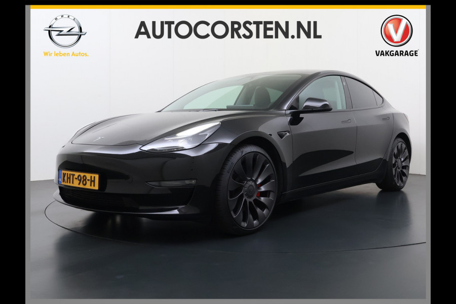 Tesla Model 3 Performance AWD 513PK Facelift Warmtepomp Lmv 20" Panoramadak Adap.Cruise Elek.Verwarmde Stoelen+Memory Inductieladen Navi Camer SOH 85.6% Led Pdc Privacy Glas Elek.Achterklep Keyless 4WD Fabrieksgarantie op Accu en Motor tot 18-02-2029/192.000KM