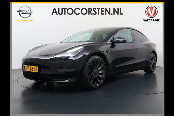 Tesla Model 3 Performance AWD 513PK Facelift Warmtepomp Lmv 20" Panoramadak Adap.Cruise Elek.Verwarmde Stoelen+Memory Inductieladen Navi Camer SOH 85.6% Led Pdc Privacy Glas Elek.Achterklep Keyless 4WD Fabrieksgarantie op Accu en Motor tot 18-02-2029/192.000KM