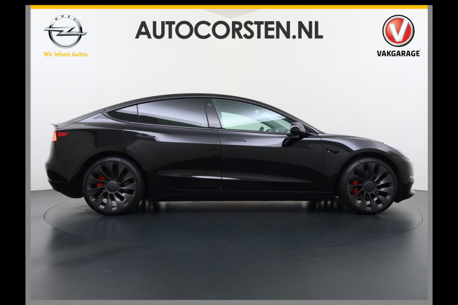 Tesla Model 3 Performance AWD 513PK Facelift Warmtepomp Lmv 20" Panoramadak Adap.Cruise Elek.Verwarmde Stoelen+Memory Inductieladen Navi Camer SOH 85.6% Led Pdc Privacy Glas Elek.Achterklep Keyless 4WD Fabrieksgarantie op Accu en Motor tot 18-02-2029/192.000KM
