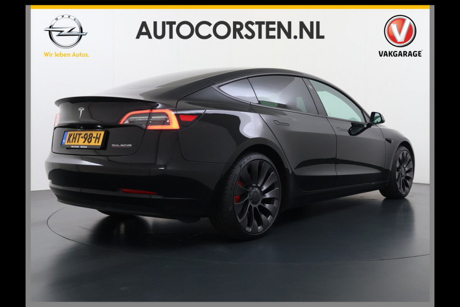 Tesla Model 3 Performance AWD 513PK Facelift Warmtepomp Lmv 20" Panoramadak Adap.Cruise Elek.Verwarmde Stoelen+Memory Inductieladen Navi Camer SOH 85.6% Led Pdc Privacy Glas Elek.Achterklep Keyless 4WD Fabrieksgarantie op Accu en Motor tot 18-02-2029/192.000KM