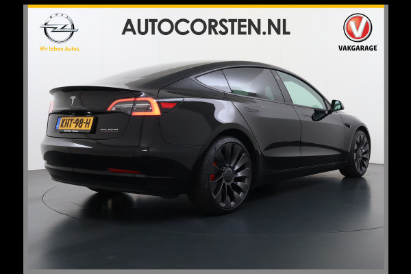 Tesla Model 3 Performance AWD 513PK Facelift Warmtepomp Lmv 20" Panoramadak Adap.Cruise Elek.Verwarmde Stoelen+Memory Inductieladen Navi Camer SOH 85.6% Led Pdc Privacy Glas Elek.Achterklep Keyless 4WD Fabrieksgarantie op Accu en Motor tot 18-02-2029/192.000KM