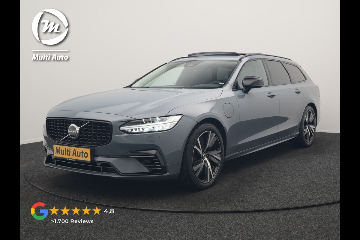 Volvo V90 T6 AWD Plus Dark LONG RANGE PHEV 350pk Dealer O.H. | Trekhaak Af Fabriek | Panodak | Adaptive Cruise | Camera | Harman / Kardon | Lederen Comfortzetels Memory & Ventilatie | Keyless | Blis | Stoelen & Stuur Verwarmd | Apple Carplay | Google | Plug In Hybrid |