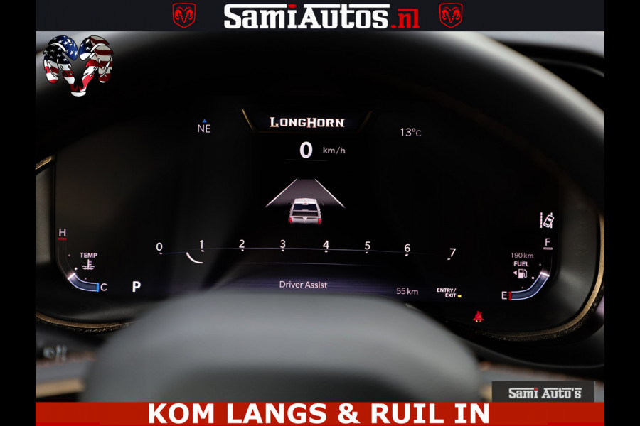 Dodge Ram LONGHORN ® EDITION | NEW SADDLE LEATHER | VIRTUAL | HEAD UP | PANODAK | LUCHTVERING | BOM VOL | DC | 5,7L V8 HEMI 402 PK | CREW CAB | DUBBELE CABINE | 4X4 | 5 PERSOONS | GRIJSKENTEKEN | LIMITED