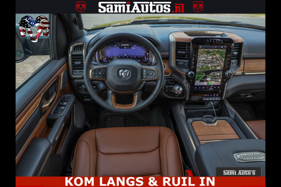 Dodge Ram LONGHORN ® EDITION | NEW SADDLE LEATHER | VIRTUAL | HEAD UP | PANODAK | LUCHTVERING | BOM VOL | DC | 5,7L V8 HEMI 402 PK | CREW CAB | DUBBELE CABINE | 4X4 | 5 PERSOONS | GRIJSKENTEKEN | LIMITED