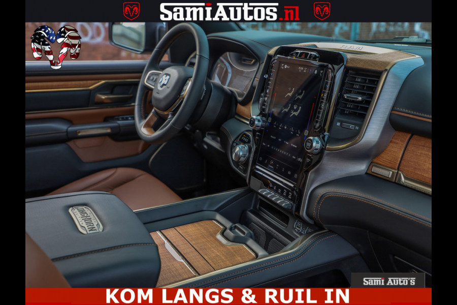 Dodge Ram LONGHORN ® EDITION | NEW SADDLE LEATHER | VIRTUAL | HEAD UP | PANODAK | LUCHTVERING | BOM VOL | DC | 5,7L V8 HEMI 402 PK | CREW CAB | DUBBELE CABINE | 4X4 | 5 PERSOONS | GRIJSKENTEKEN | LIMITED