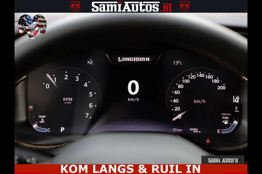 Dodge Ram LONGHORN ® EDITION | NEW SADDLE LEATHER | VIRTUAL | HEAD UP | PANODAK | LUCHTVERING | BOM VOL | DC | 5,7L V8 HEMI 402 PK | CREW CAB | DUBBELE CABINE | 4X4 | 5 PERSOONS | GRIJSKENTEKEN | LIMITED