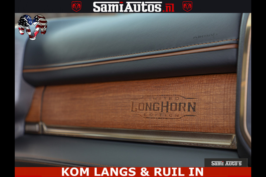 Dodge Ram LONGHORN ® EDITION | NEW SADDLE LEATHER | VIRTUAL | HEAD UP | PANODAK | LUCHTVERING | BOM VOL | DC | 5,7L V8 HEMI 402 PK | CREW CAB | DUBBELE CABINE | 4X4 | 5 PERSOONS | GRIJSKENTEKEN | LIMITED