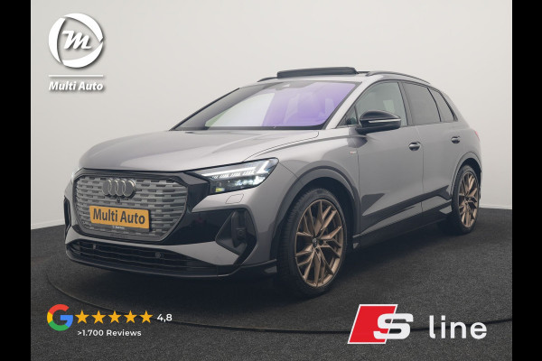 Audi Q4 e-tron 50 Quattro Edition One 2x S Line 77 kWh 300pk Dealer O.H. | Panodak | Head Up | Adaptive Cruise | Matrix LED | Camera | Lederen Sportstoelen Memory & Verwarmd | Keyless | Apple Carplay | Blis | DAB | 21"L.M |