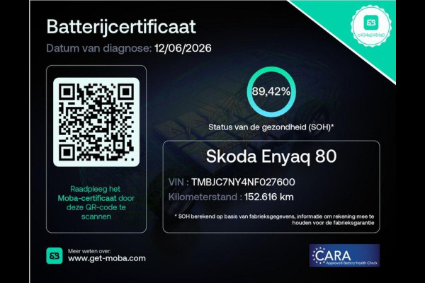 Škoda ENYAQ iV 80 204 PK SOH 89,42% + WEGKL. TREKHAAK | SFEERVERL | STANDKACHEL | CAMERA | STUURWIELVER. | CARPLAY