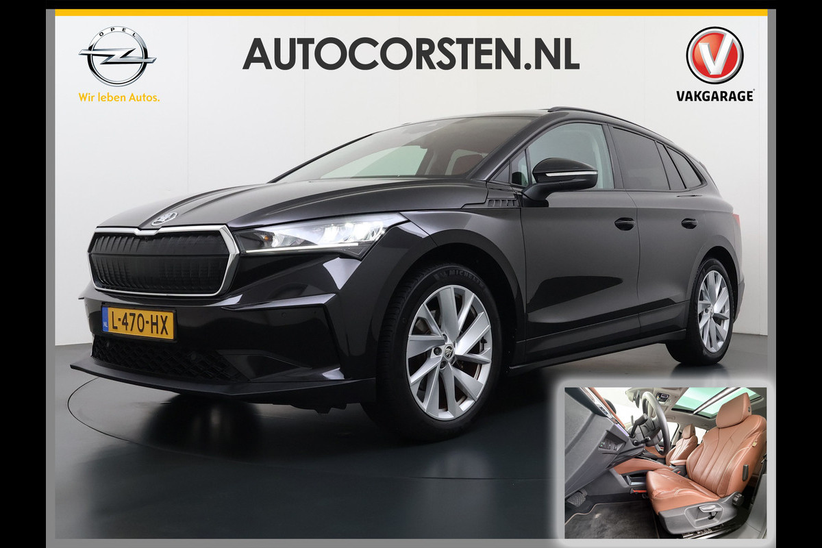 Škoda ENYAQ iV 60 Panoramadak Trekhaak Leder Adap.Cruise Stoel+Stuur+Achterbankverwarming Camera 3-Zone Ecc SOH 90% Keyless Navi Pdc Elek.Achterklep Apple Carplay Android Auto P-Assist Privacy Glas Led Lmv 20" 1.000KG Trekgewicht 1e Eigenaar Origineel Nederlandse Auto Zeer compleet