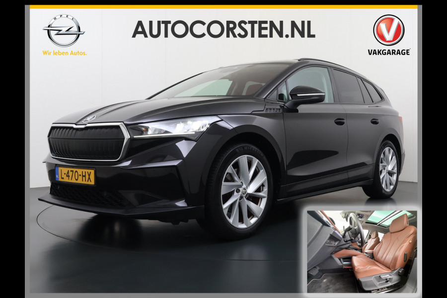 Škoda ENYAQ iV 60 Panoramadak Trekhaak Leder Adap.Cruise Stoel+Stuur+Achterbankverwarming Camera 3-Zone Ecc SOH 90% Keyless Navi Pdc Elek.Achterklep Apple Carplay Android Auto P-Assist Privacy Glas Led Lmv 20" 1.000KG Trekgewicht 1e Eigenaar Origineel Nederlandse Auto Zeer compleet