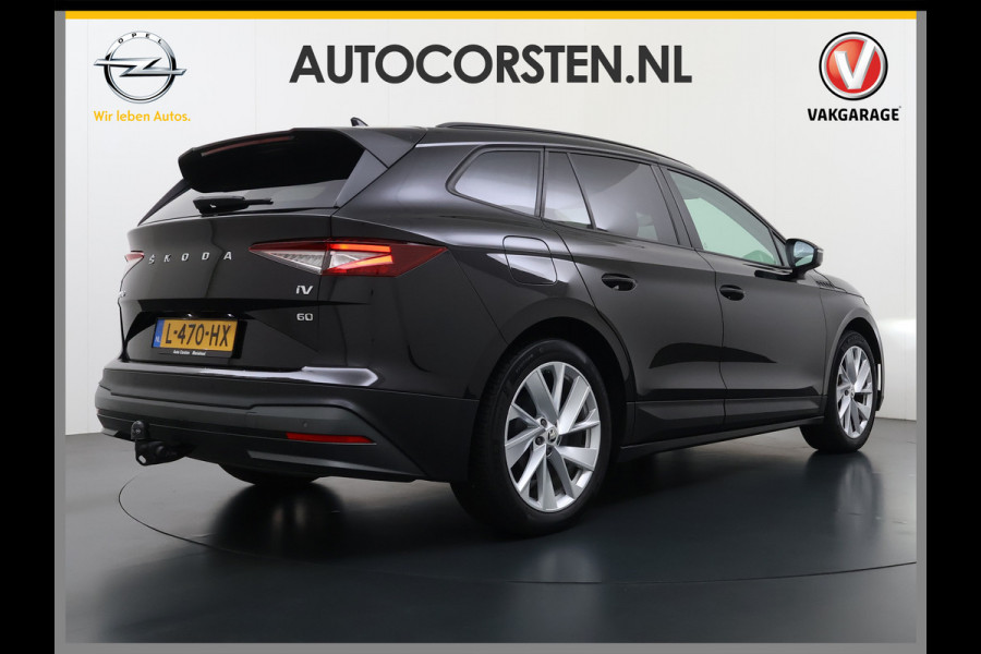 Škoda ENYAQ iV 60 Panoramadak Trekhaak Leder Adap.Cruise Stoel+Stuur+Achterbankverwarming Camera 3-Zone Ecc SOH 90% Keyless Navi Pdc Elek.Achterklep Apple Carplay Android Auto P-Assist Privacy Glas Led Lmv 20" 1.000KG Trekgewicht 1e Eigenaar Origineel Nederlandse Auto Zeer compleet