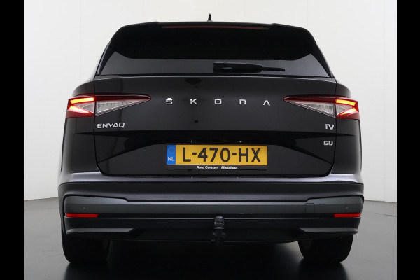 Škoda ENYAQ iV 60 Panoramadak Trekhaak Leder Adap.Cruise Stoel+Stuur+Achterbankverwarming Camera 3-Zone Ecc SOH 90% Keyless Navi Pdc Elek.Achterklep Apple Carplay Android Auto P-Assist Privacy Glas Led Lmv 20" 1.000KG Trekgewicht 1e Eigenaar Origineel Nederlandse Auto Zeer compleet