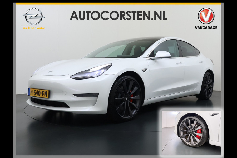 Tesla Model 3 Performance 513PK AWD **FSD** Panoramadak Navi Camera's Leder Stoelverwarming Navi Ecc Adap.Cruise Pdc Led Lmv 20" Google-Maps Elek.Stoelen+Memory Remote App Bediening Premium Audio