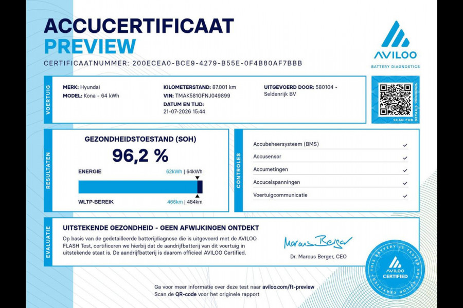 Hyundai Kona EV Premium 64 KWh | SOH 96.2% | Leder | Trekhaak | Head-up | Stoelventilatie | Stuur/stoel verwarming | Adaptive cruise | Camera | Park assist | Carplay | Dodehoek detectie | Krell sound |