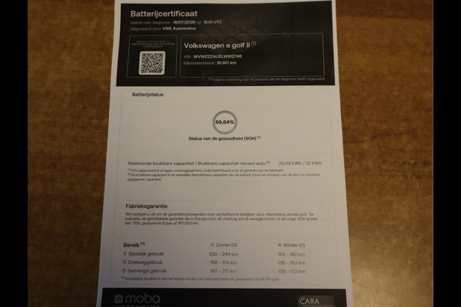 Volkswagen e-Golf E-DITION Navi / Climate / Pdc / Elekramen / Adap-Cruise / App-connect / SOH 89.64% /  Voldoende Apk /