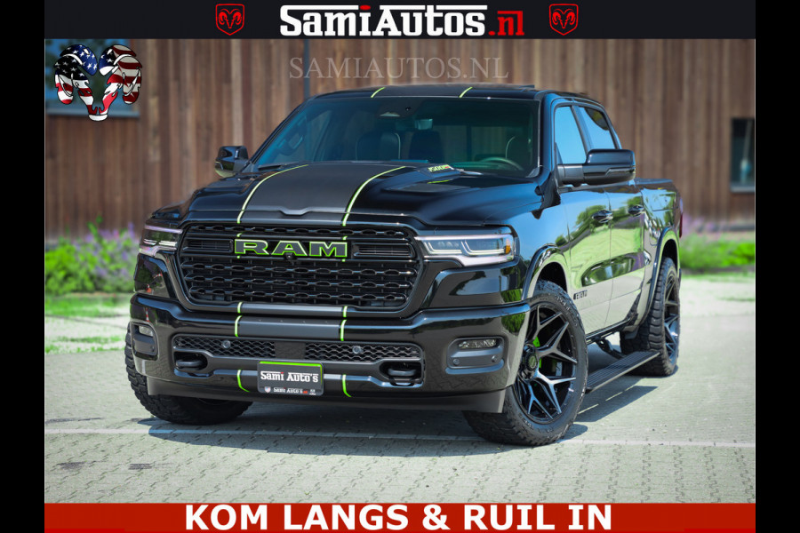 Dodge Ram Limited Night High Output 540HP 706Nm | Massage + Full Option | De Meest Luxe en Volle Pick-Up in zijn Klasse | Comfortabele Dubbele Cabine met Royale 5 Zitplaatsen | BPM vrij | Nu Leverbaar uit Voorraad | Voorraad Nr 2300 - 7689 | De specialist in Amerikaanse pick‑ups in Nederland en Europa.