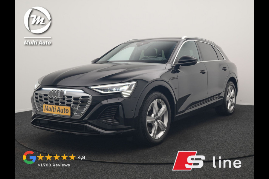 Audi Q8 e-tron 55 Quattro S Line 114 kWh 408pk Dealer O.H. | Trekhaak Afn. | Luchtvering | Adaptive Cruise | Head Up | Matrix LED | Camera | Alcantara Sportstoelen Verwarmd | Sfeerverlichting | Keyless | Navigatie | Virtual | DAB |