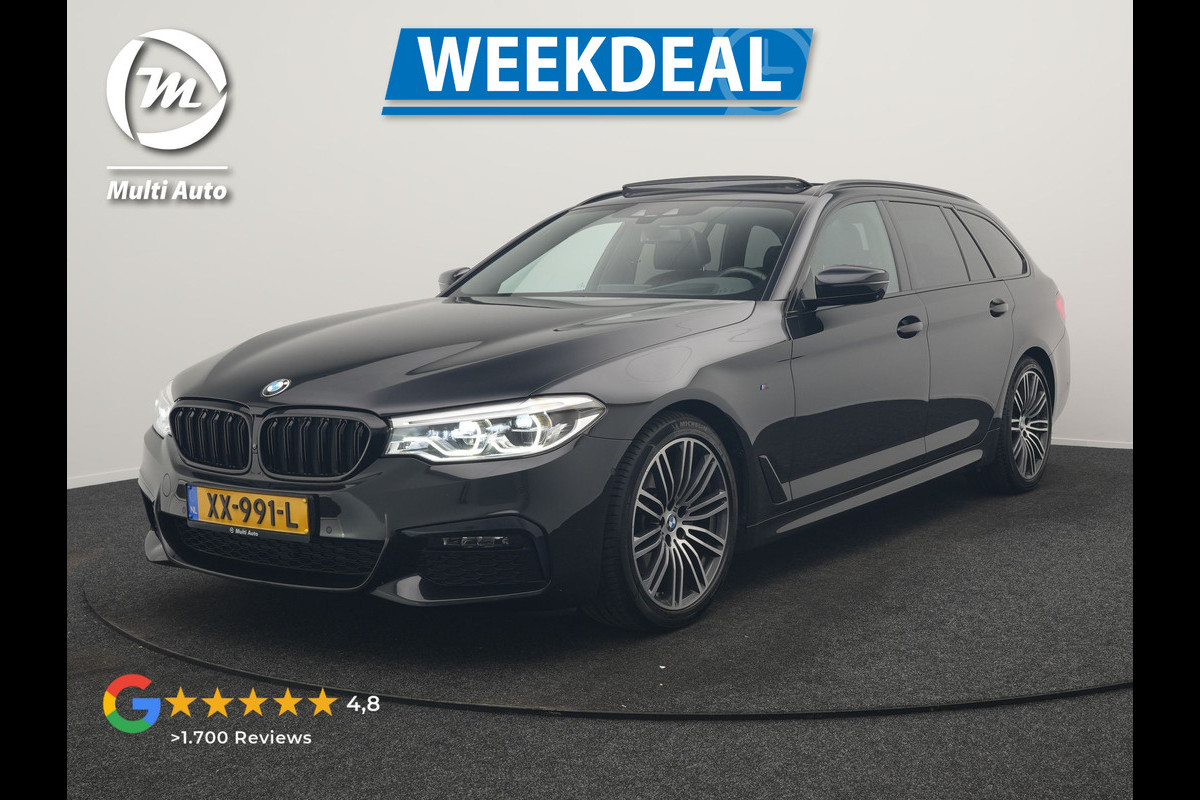 BMW 5 Serie Touring 520i M Sport 184pk Dealer O.H. | Panodak | Head Up | 360 Camera | Lederen Comfortzetels Memory & Verwarmd | Sfeerverlichting | Blis | Apple Carplay | Stuur Verwarmd | Adaptive LED | Navigatie | DAB | 19"L.M |