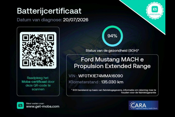 Ford Mustang Mach-E Extended RWD 98kWh SOH 94% Trekhaak Adap.Cruise B&O-Audio Leder 360°Camera Stoel+Stuurverwarming Navi Ecc Apple Carplay A Lmv 18" Privacy Glas Pdc Voorruitverwarming DAB Elek.Achterklep Keyless Dodehoekwaarschuwing 1e Eigenaar 750KG Trekgewicht Origineel Nederlandse Auto