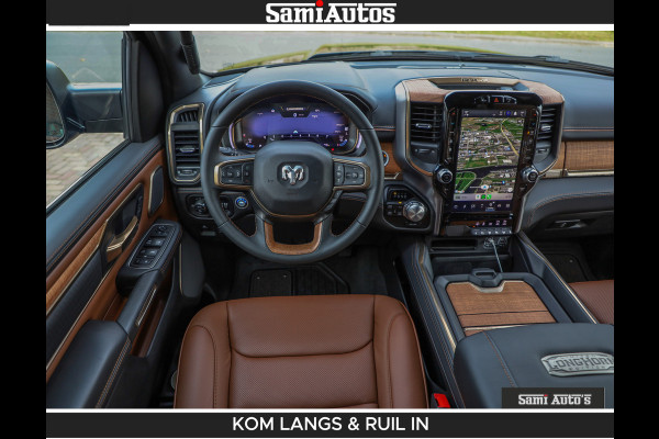 Dodge Ram LONGHORN BRUIN LEDER 5,7L V8 HEMI | VIRTUAL | HEAD UP | PANODAK | LUCHTVERING | BOM VOL | DC | 402 PK | CREW CAB | DUBBELE CABINE | 4X4 | 5 PERSOONS | GRIJSKENTEKEN | LIMITED