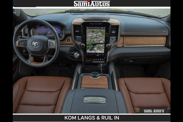Dodge Ram LONGHORN BRUIN LEDER 5,7L V8 HEMI | VIRTUAL | HEAD UP | PANODAK | LUCHTVERING | BOM VOL | DC | 402 PK | CREW CAB | DUBBELE CABINE | 4X4 | 5 PERSOONS | GRIJSKENTEKEN | LIMITED