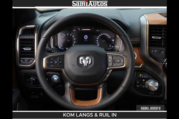Dodge Ram LONGHORN BRUIN LEDER 5,7L V8 HEMI | VIRTUAL | HEAD UP | PANODAK | LUCHTVERING | BOM VOL | DC | 402 PK | CREW CAB | DUBBELE CABINE | 4X4 | 5 PERSOONS | GRIJSKENTEKEN | LIMITED