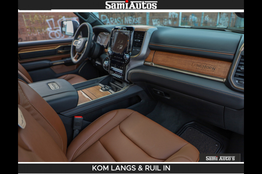 Dodge Ram LONGHORN BRUIN LEDER 5,7L V8 HEMI | VIRTUAL | HEAD UP | PANODAK | LUCHTVERING | BOM VOL | DC | 402 PK | CREW CAB | DUBBELE CABINE | 4X4 | 5 PERSOONS | GRIJSKENTEKEN | LIMITED