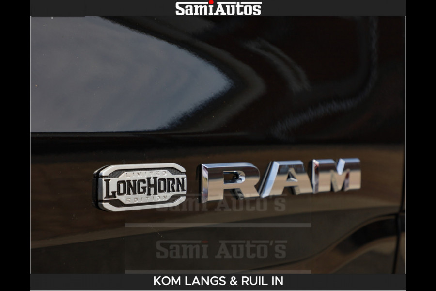 Dodge Ram LONGHORN BRUIN LEDER 5,7L V8 HEMI | VIRTUAL | HEAD UP | PANODAK | LUCHTVERING | BOM VOL | DC | 402 PK | CREW CAB | DUBBELE CABINE | 4X4 | 5 PERSOONS | GRIJSKENTEKEN | LIMITED