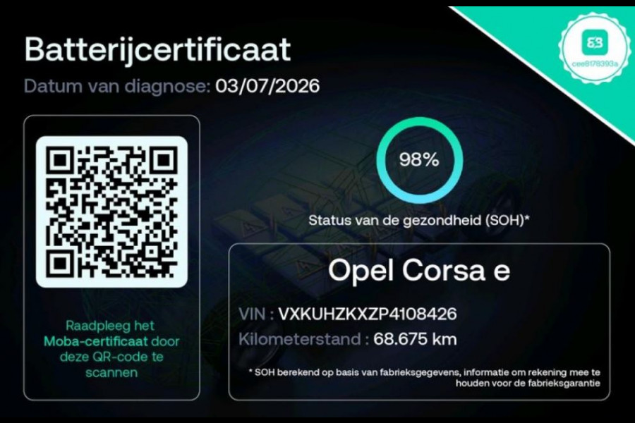 Opel Corsa E 100KW / 50KWh SOH 98% / Airco-Ecc. / Cruise-ctr. / Apple Carplay Android / Navigatie via Usb / Apk 05-2027