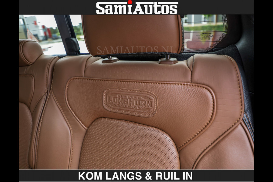 Dodge Ram LONGHORN | WIDE BODY | 5.7 V8 | BREDE WIELEN | BOM VOL | HUD | BRUIN LEDER | LUCHTVERING | PANODAK | RONDOM CAMERA | OPEN UITLAA DUBBELE CABINE | 5 PERSOONS | CREW CAB DC | SPECIAL ONE | DEALER ONDERHOUDEN | Eerste eigenaar |