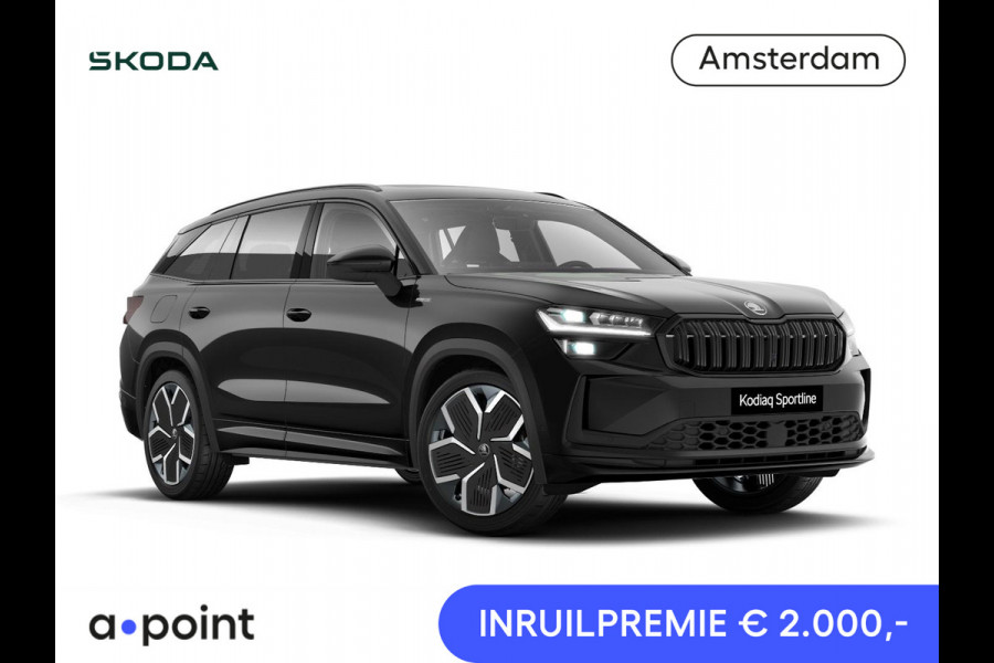 Škoda Kodiaq 1.5 TSI PHEV Sportline Business 204 pk 6 versn. DSG | Comfort Pakket | Dynamic Chassis Control Pakket | Panorama Dak | Head-up display | Parkeer Pakket | Trekhaak | Winter Pakket | 20" lichtmetalen velgen Rila aero, antraciet zwart