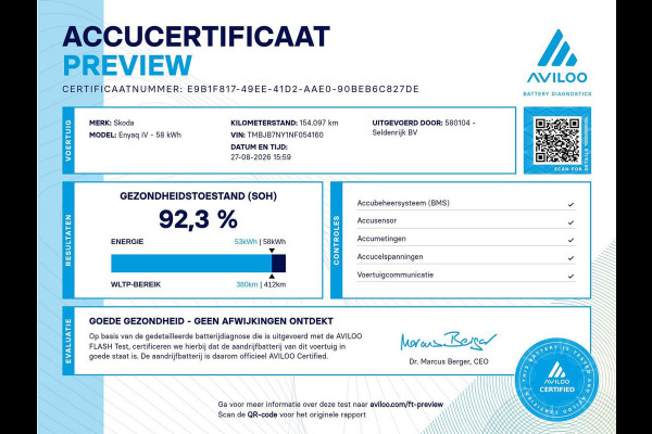 Škoda Enyaq iV 60 Sportline | SOH 92,3% | Leder/alcantara | Adaptive cruise | Stuur/stoel verwarming | Climate control | 3 zone klimaat | Sfeerverlichting | Carplay | Camera | Park assist