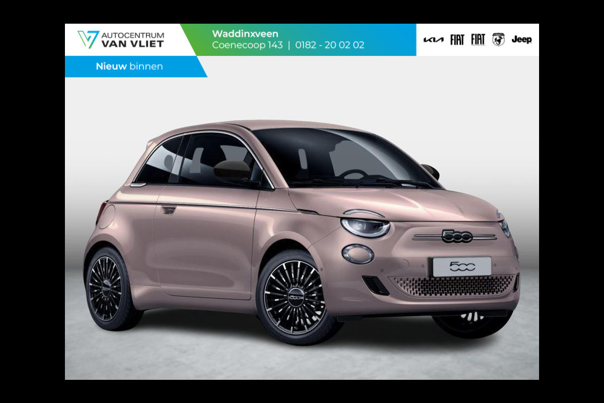 Fiat 500E La Prima 42 kWh | Uit voorraad leverbaar | Panoramadak | Adapt. Cruise | Pack Top Plus | Camera | Leder | Apple Carplay