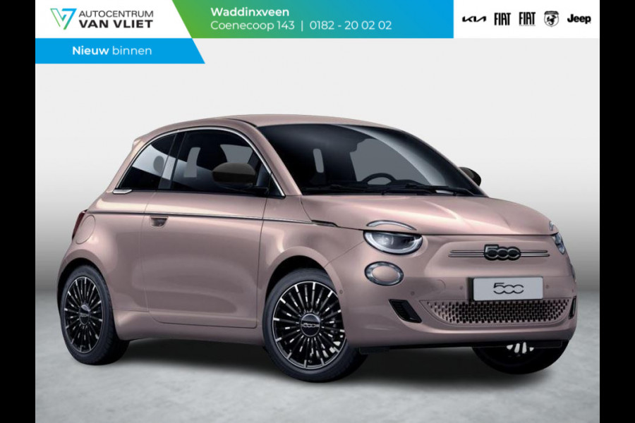 Fiat 500E La Prima 42 kWh | Uit voorraad leverbaar | Panoramadak | Adapt. Cruise | Pack Top Plus | Camera | Leder | Apple Carplay