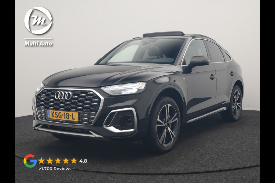 Audi Q5 Sportback 50 TFSI e 2x S Line PHEV 300pk Dealer O.H. | Trekhaak Af Fabriek | Panodak | 360 Camera | Matrix LED | Lederen Sportstoelen Verwarmd | Sfeerverlichting | Cruise Control | Navigatie | DAB | 20"L.M | Plug In Hybrid |