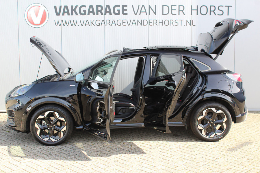 Ford Puma 1.0-125pk EcoBoost Mild-Hybrid ST-Line X. Fabr. garantie t/m 13-11-2029 ! Slechts 4.000km ! Autm. airco, adapt. cruise cntrl, navigatie, telefoonvoorb., elektr. pano-dak, stoel-, stuur- en voorraamverw., side- en lane assist, LED verl. etc.