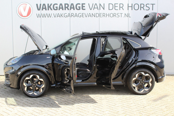 Ford Puma 1.0-125pk EcoBoost Mild-Hybrid ST-Line X. Fabr. garantie t/m 13-11-2029 ! Slechts 4.000km ! Autm. airco, adapt. cruise cntrl, navigatie, telefoonvoorb., elektr. pano-dak, stoel-, stuur- en voorraamverw., side- en lane assist, LED verl. etc.