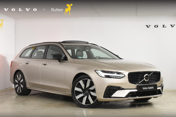 Volvo V90 T8 455PK Plug-in hybrid AWD Ultra Dark / Adaptive Cruise Control / Elektrisch panoramisch schuifdak / Head-up Display / Elektrische voorstoelen met geheugen / Trekhaak elektrisch uitklapbaar / Stuurverwarming / Stoelverwarming V+A / 360 Camera / Harman Kardon
