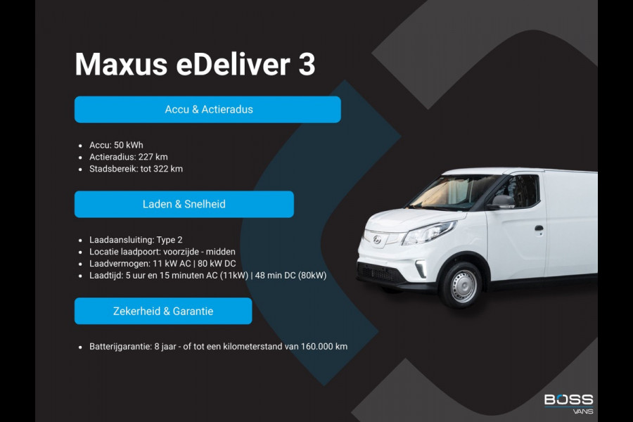 Maxus EDELIVER 3 50kWh 122PK Elektrisch! L1 227km WLTP Cruise control Snelladen Laadkabel Camera Carplay Climtate Control Parkeersensoren achter