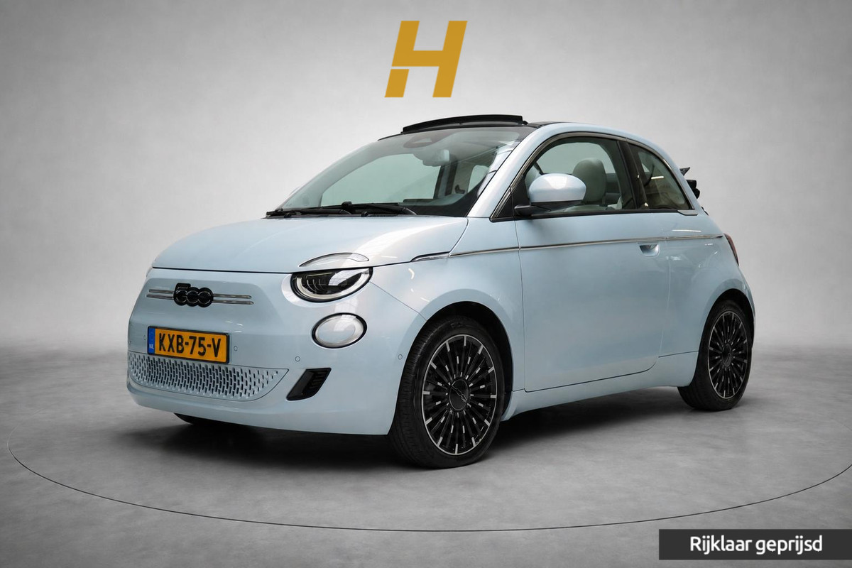 Fiat 500E Cabrio La Prima by Bocelli 42 kWh | SoH 94,9% | Navigatie | Carplay | Camera | Stoelverwarming | JBL | Parkeersensoren