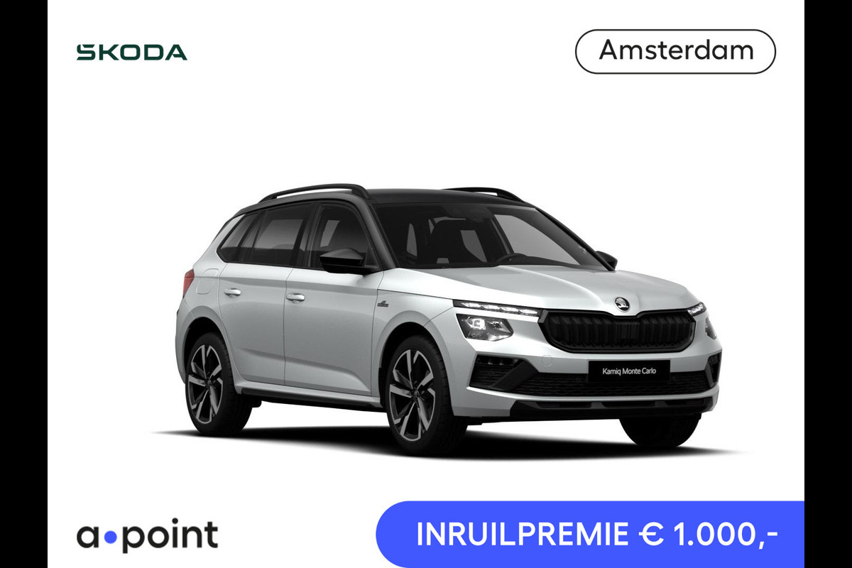 Škoda Kamiq 1.0 TSI Monte Carlo 115 pk 7 verns. DSG | Navigatie Pakket | Travel Assist Plus | Winter Premium & Charging | Velgen: 18" lichtmetalen velgen Ursa Monte Carlo, zwart