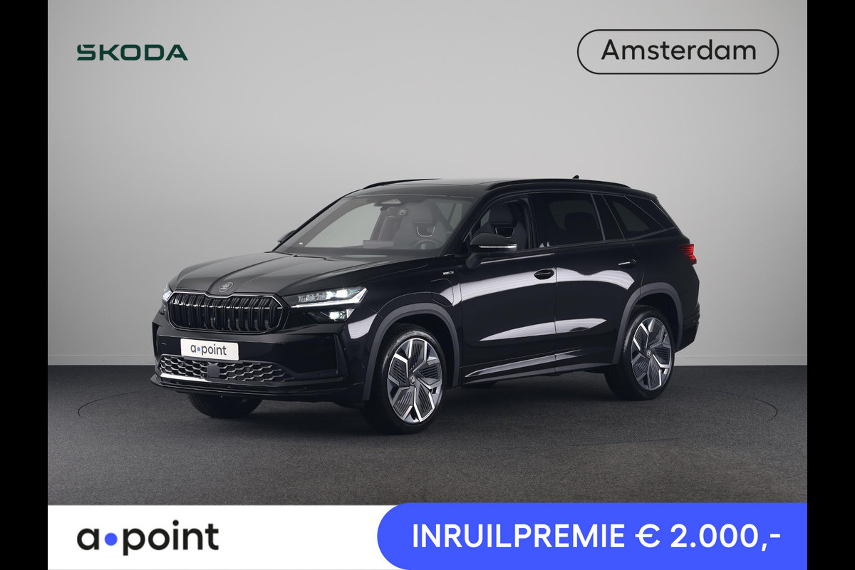 Škoda Kodiaq 1.5 TSI PHEV Sportline Business 204 pk 6 versn. DSG | Comfort Pakket | Dynamic Chassis Control Pakket | Panorama Dak | Head-up display | Parkeer Pakket | Trekhaak | Winter Pakket | 20" lichtmetalen velgen Rila aero, antraciet zwart