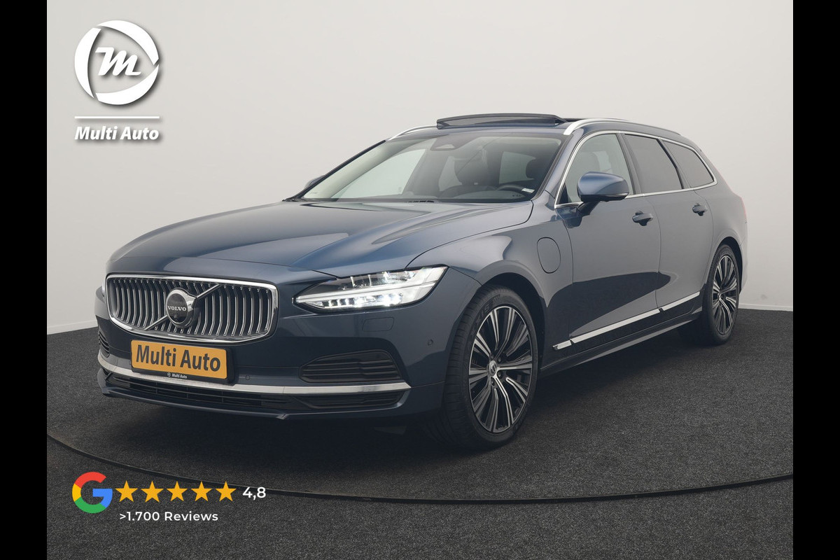 Volvo V90 T8 AWD Ultimate Bright LONG RANGE PHEV 350pk | Trekhaak Af Fabriek | Panodak | Adaptive Cruise | 360 Camera | Head Up | Lederen Sportstoelen Memory & Massage & Ventilatie | Bowers & Wilkins | Blis | Keyless | Stuur & Stoelen Verwarmd | Plug In Hybrid |