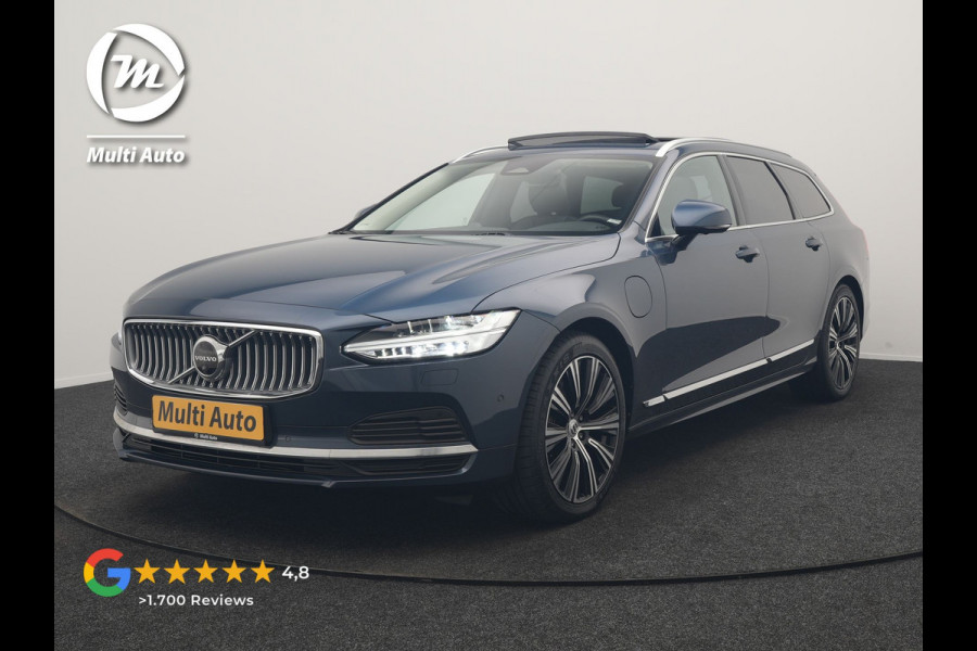Volvo V90 T8 AWD Ultimate Bright LONG RANGE PHEV 350pk | Trekhaak Af Fabriek | Panodak | Adaptive Cruise | 360 Camera | Head Up | Lederen Sportstoelen Memory & Massage & Ventilatie | Bowers & Wilkins | Blis | Keyless | Stuur & Stoelen Verwarmd | Plug In Hybrid |