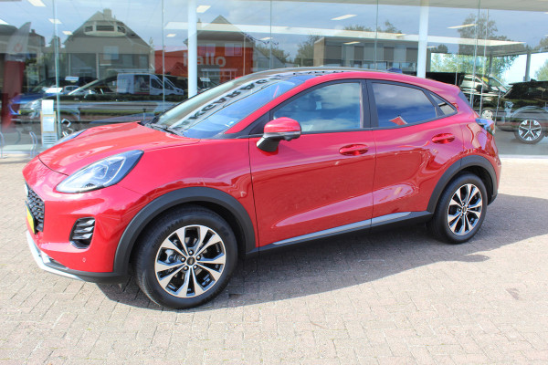 Ford Puma 1.0-125pk EcoBoost Mild-Hybrid Titanium. Fabr. garantie t/m 21-09-2029 ! Elektr. pano-dak, stoel-, stuur- en voorraamverw., 360gr. camera, adaptieve cruise cntrl, side- en lane assist, parkeersensoren v+a, metallic lak, LM wielen.