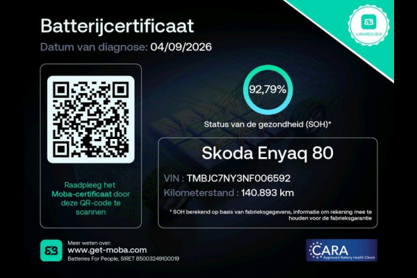 Škoda ENYAQ iV 204PK 80 SOH 92% Camera 3-Zone Ecc Stoel+Stuurverwarming Elek.Achterklep Navi Apple Carplay Android Auto Keyless advanced Pdc Comfort+Klimaat Plus P-Assist Isofix Privacy Glas Lmv DAB Rijstrooksensor 1e Eigenaar Dealeronderhouden