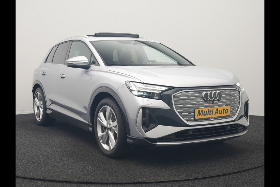 Audi Q4 e-tron 40 S Line 77 kWh 204pk Dealer O.H. | Panodak | Adaptive Cruise | Head Up | Camera | Matrix LED | Camera | Warmtepomp | Sportstoelen Memory & Verwarmd | Stuur Verwarmd | Apple Carplay | Navigatie | DAB |